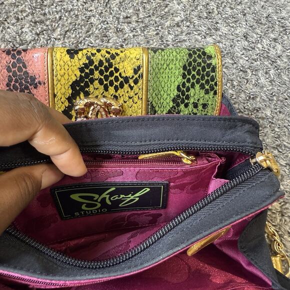 SHARIF Exotic Skin Colorful Snake Print Leather Crossbody Bag Mini Small Chain - Picture 9 of 10
